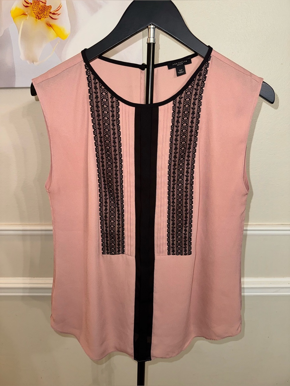 Ann Taylor Pink Blouse With Tuxedo Black Lace! Size Small Petite.